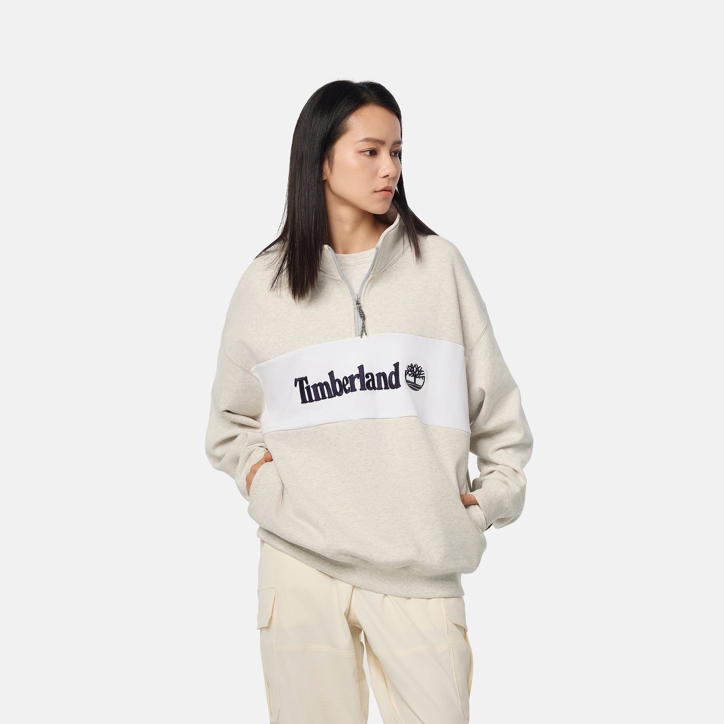 TIMBERLAND Unisex Tokyo Design Collective Half Zip Sweatshirt Heather Grey - Image 1